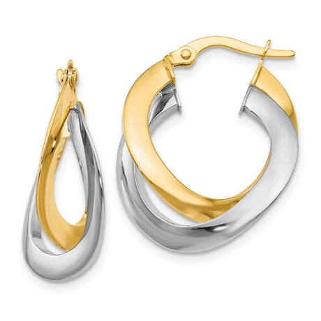 14k Two Tone Gold Twisted Hoop Earrings, Intertwined Yellow and White Gold Design