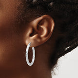 14k White Gold Hoop Earrings, Diamond Cut Textured Lightweight Polished Design for Women
