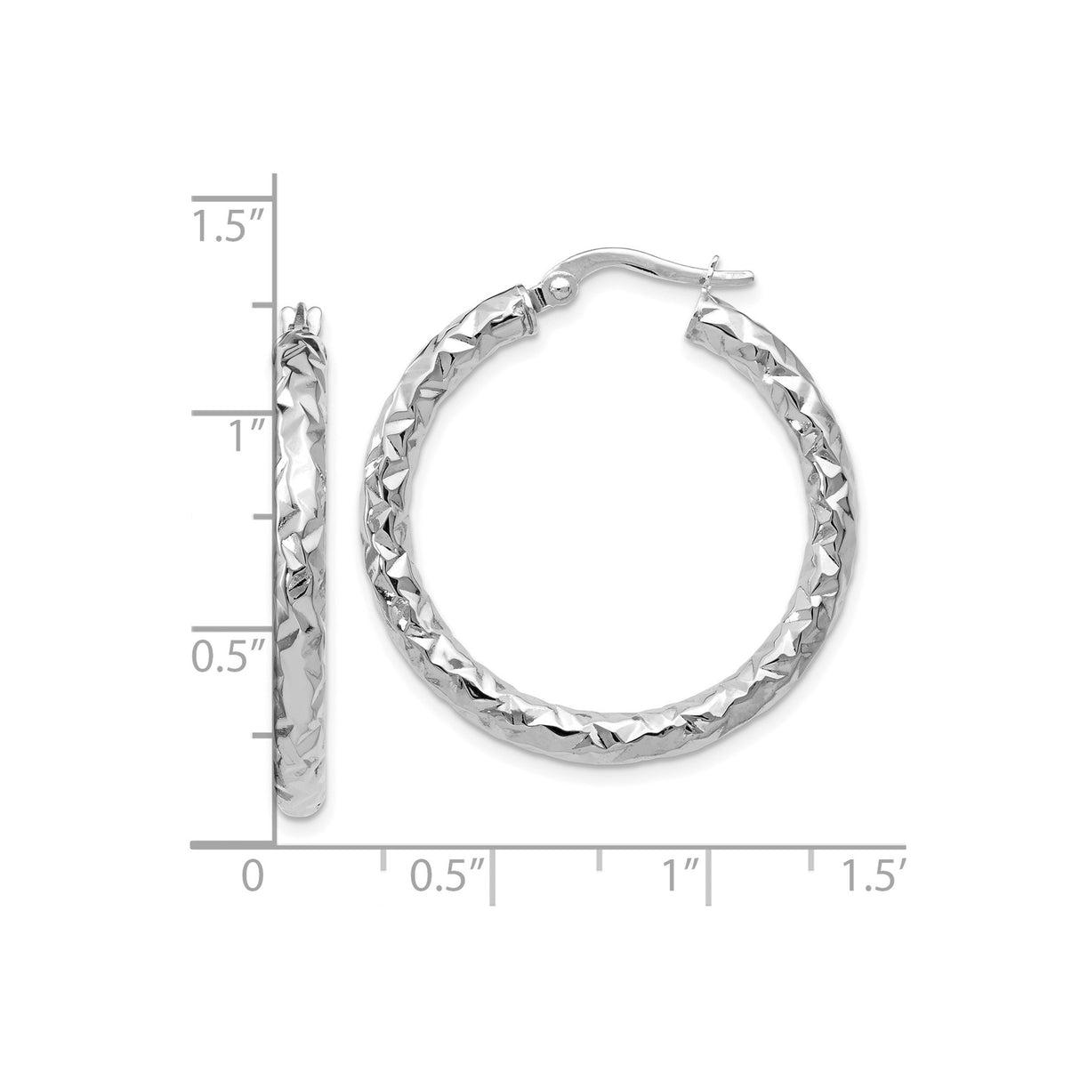 14k White Gold Hoop Earrings, Diamond Cut Textured Lightweight Polished Design for Women