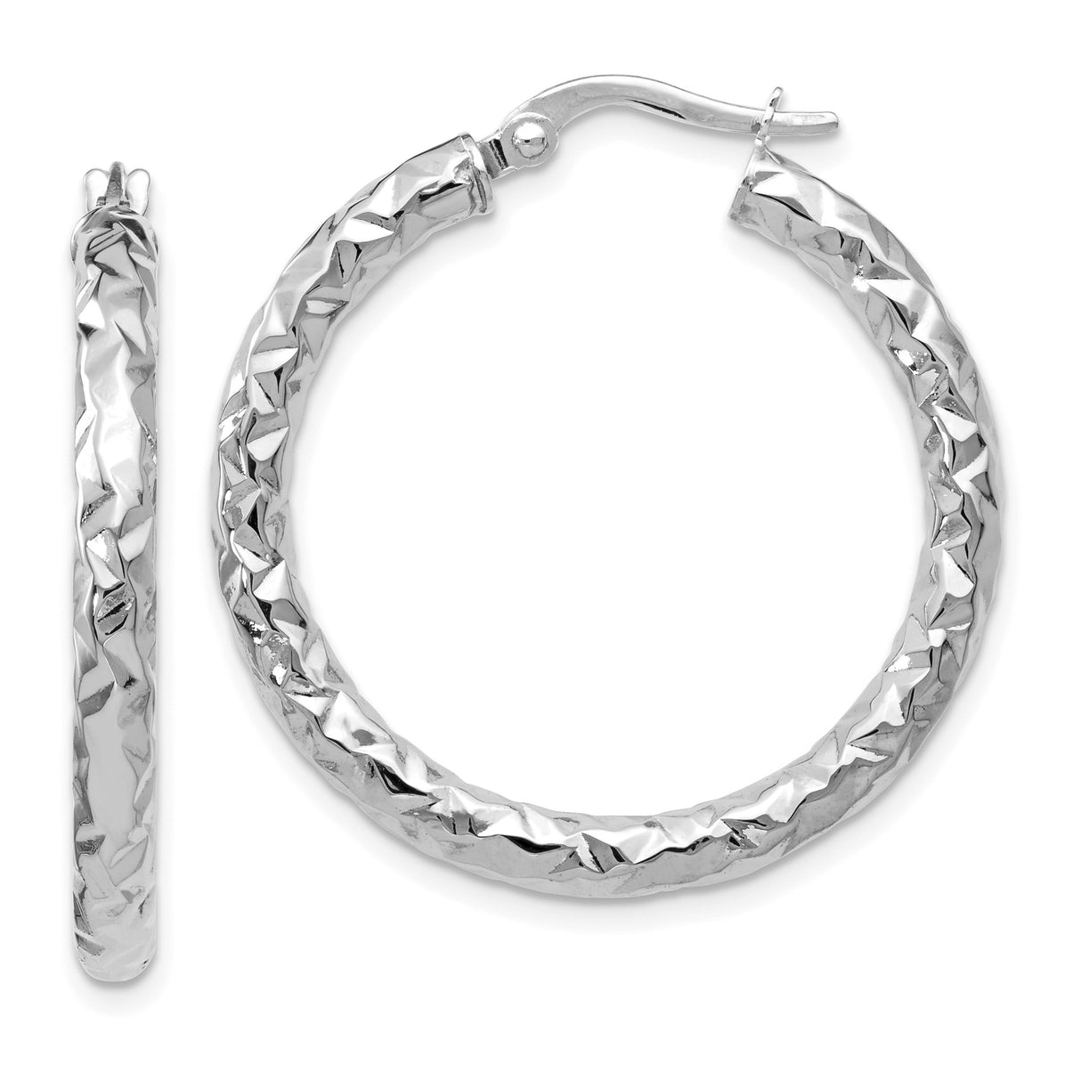 14k White Gold Hoop Earrings, Diamond Cut Textured Lightweight Polished Design for Women