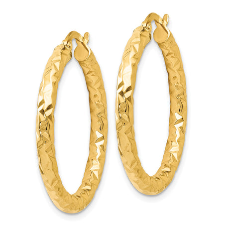 14k Yellow Gold Hoop Earrings, Textured Faceted Design, Lightweight with Latch Back Closure