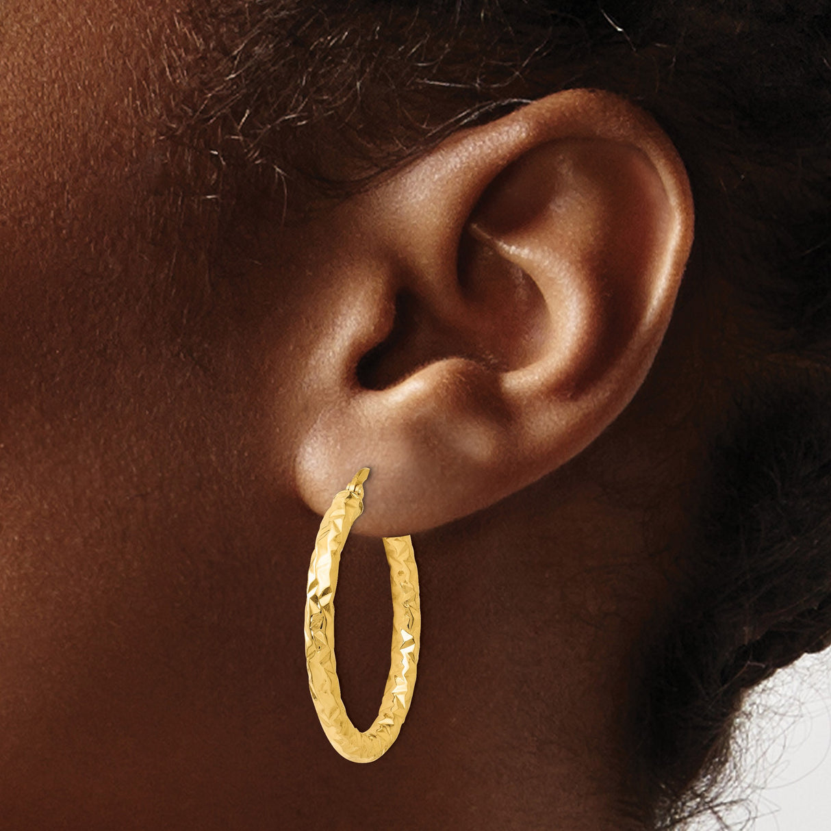 14k Yellow Gold Hoop Earrings, Textured Faceted Design, Lightweight with Latch Back Closure
