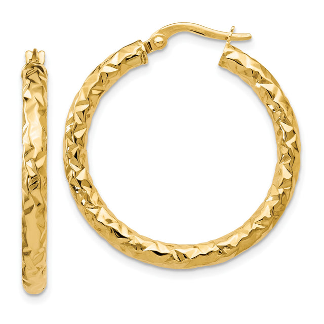 14k Yellow Gold Hoop Earrings, Textured Faceted Design, Lightweight with Latch Back Closure