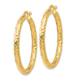 14k Yellow Gold Hoop Earrings, Diamond Cut Textured Round Hoops, Lightweight Polished Finish
