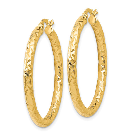 14k Yellow Gold Hoop Earrings, Diamond Cut Textured Round Hoops, Lightweight Polished Finish