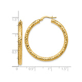 14k Yellow Gold Hoop Earrings, Diamond Cut Textured Round Hoops, Lightweight Polished Finish