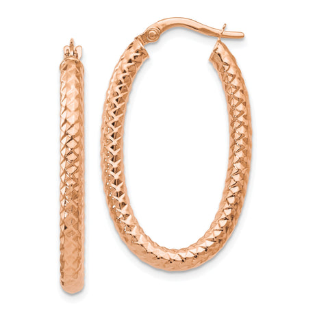 14k Rose Gold Oval Hoop Earrings with Diamond Cut Texture and Polished Finish