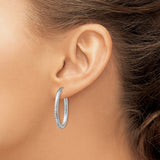 14k White Gold Oval Hoop Earrings, Textured Diamond Cut Design, Lightweight Polished Style