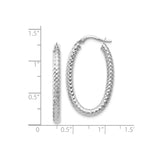 14k White Gold Oval Hoop Earrings, Textured Diamond Cut Design, Lightweight Polished Style