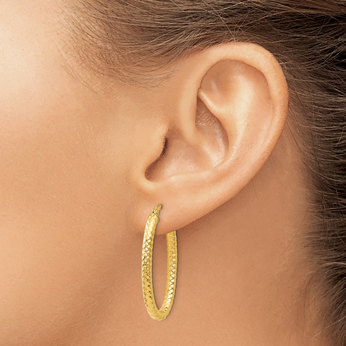 14k Yellow Gold Hoop Earrings, Diamond Cut Textured Round Hoops, Bold Lightweight Design