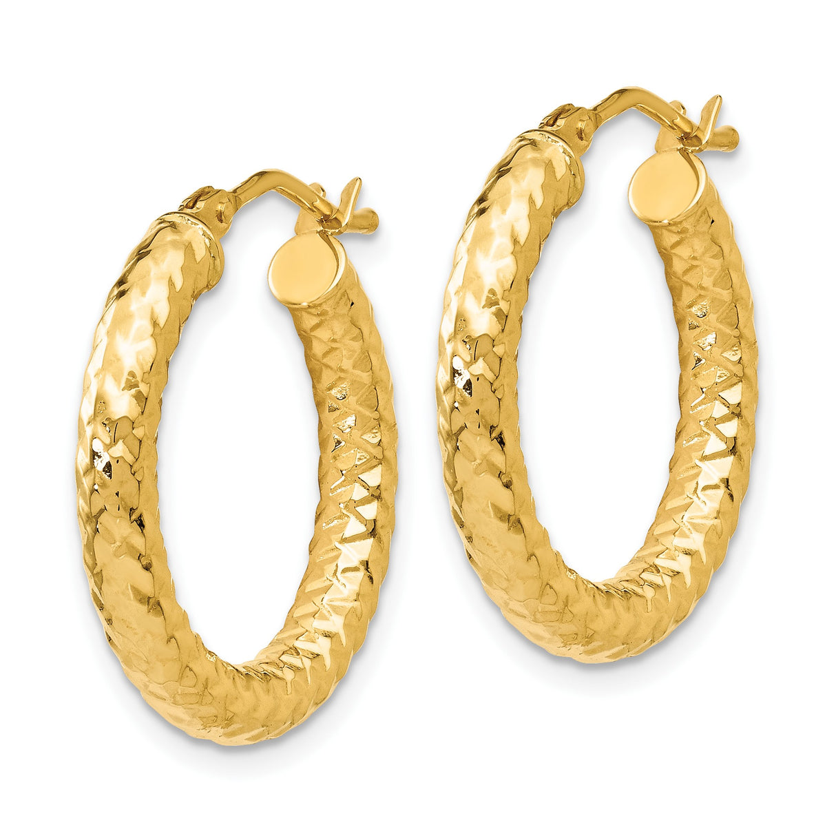 14k Yellow Gold Hoop Earrings, Diamond-Cut Textured Finish, Lightweight Classic Design