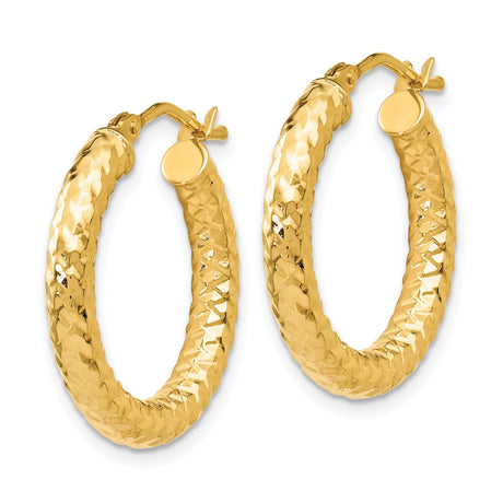 14k Yellow Gold Hoop Earrings, Diamond-Cut Textured Finish, Lightweight Classic Design