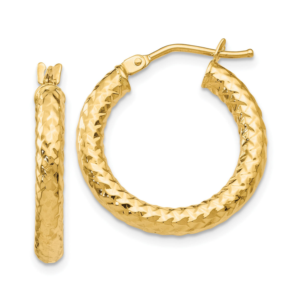 14k Yellow Gold Hoop Earrings, Diamond-Cut Textured Finish, Lightweight Classic Design