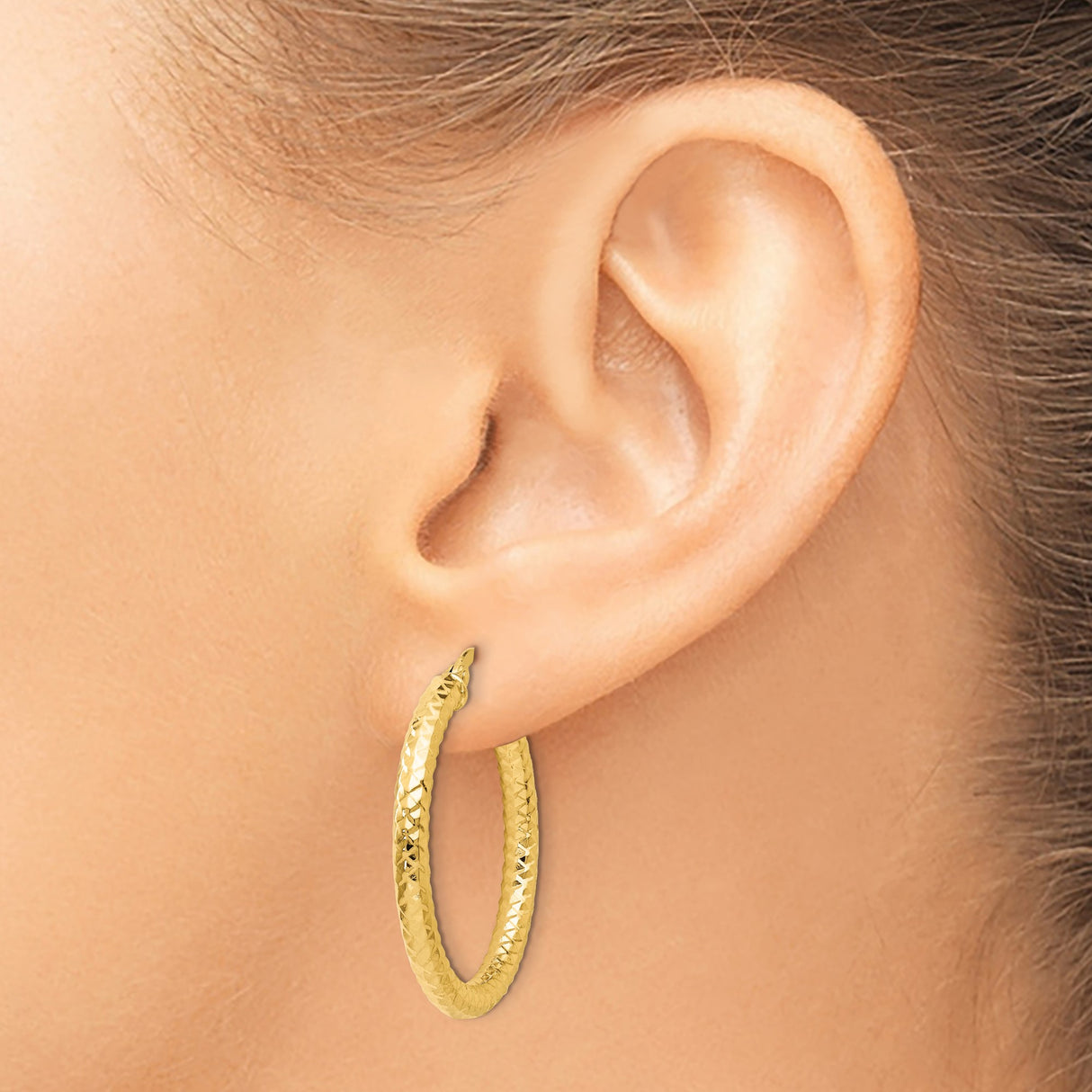 14k Yellow Gold Hoop Earrings with Textured Diamond Cut Finish, Lightweight Latch Back Design