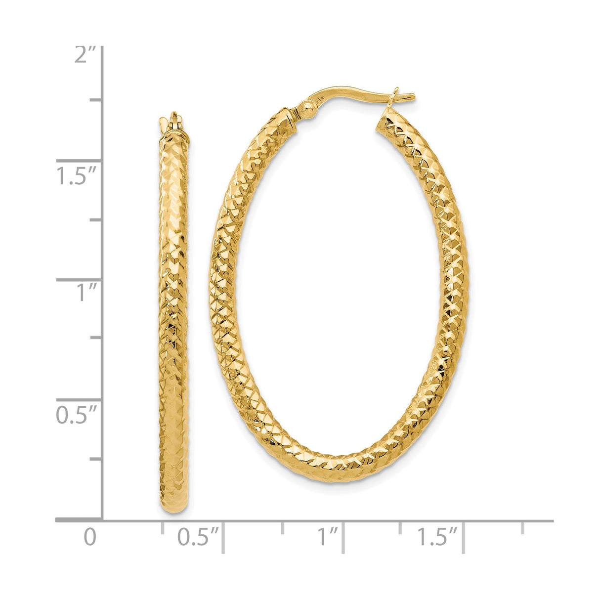 14k Yellow Gold Hoop Earrings, Diamond Cut Textured Oval Design, Lightweight Sparkly Finish