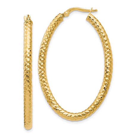 14k Yellow Gold Hoop Earrings, Diamond Cut Textured Oval Design, Lightweight Sparkly Finish
