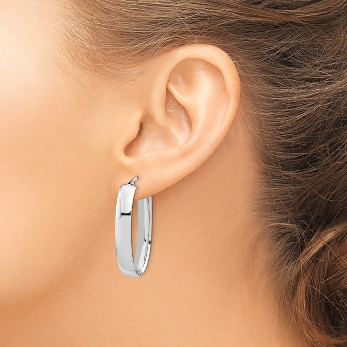 14k White Gold Oval Hoop Earrings, Polished Finish, Lightweight, Latch Back Closure, Minimalist Style