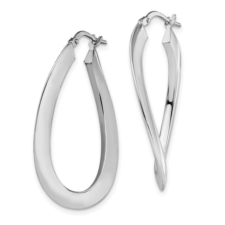 14k White Gold Twisted Oval Hoop Earrings, Sculptural Teardrop Shape, High Polish Finish