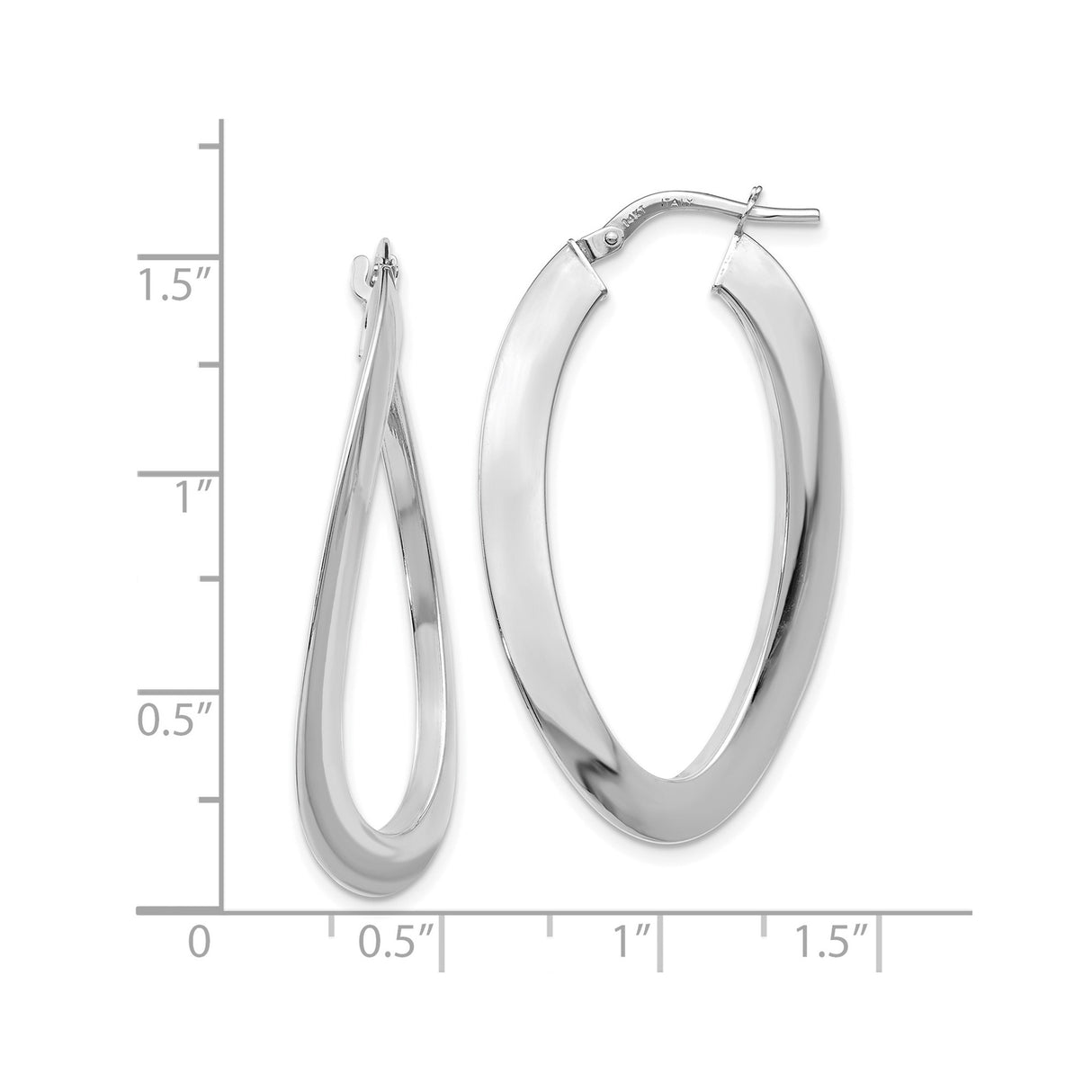 14k White Gold Twisted Oval Hoop Earrings, Sculptural Teardrop Shape, High Polish Finish