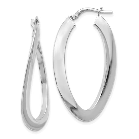 14k White Gold Twisted Oval Hoop Earrings, Sculptural Teardrop Shape, High Polish Finish