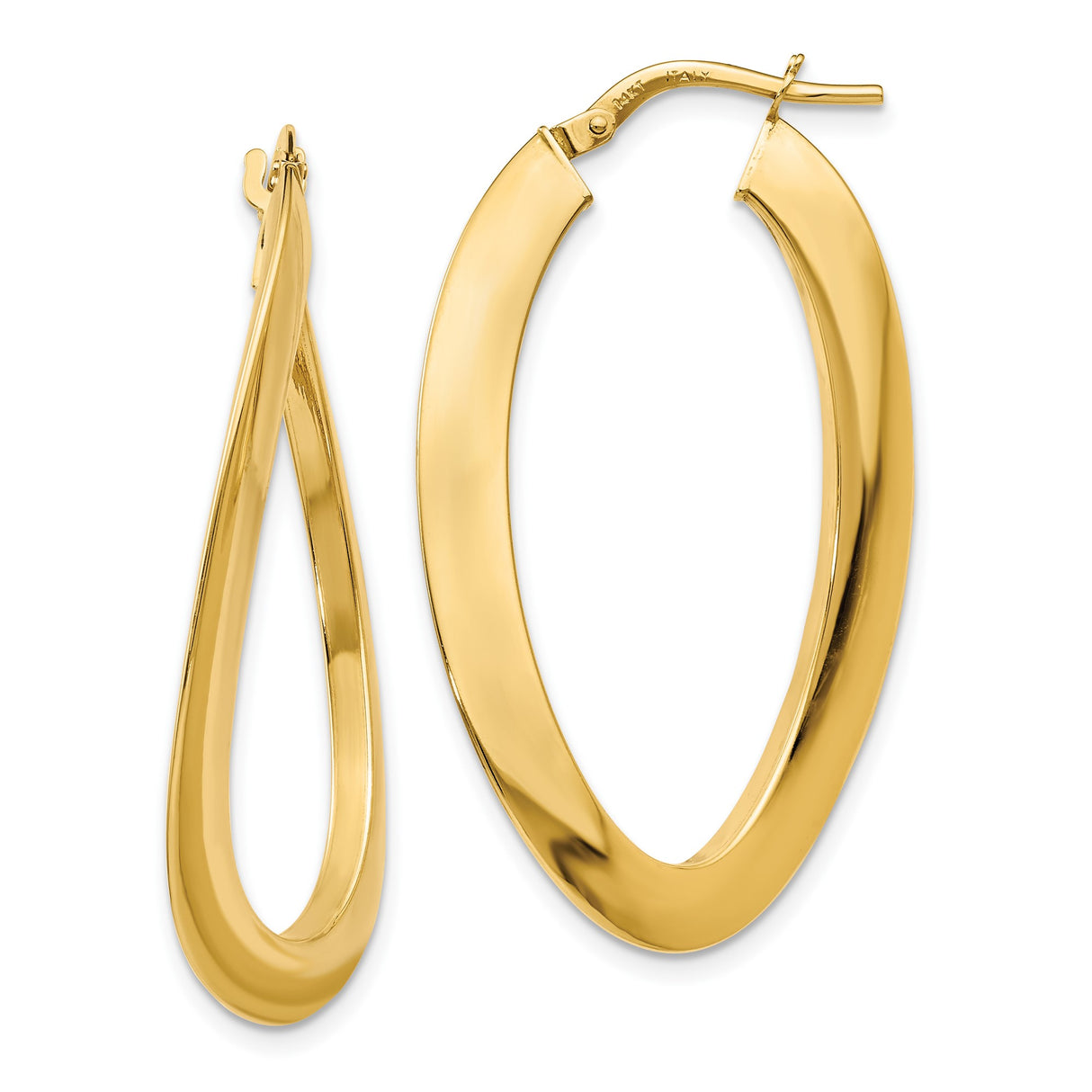 14k Yellow Gold Twisted Oval Hoop Earrings, High Polish Finish, Lightweight Modern Style