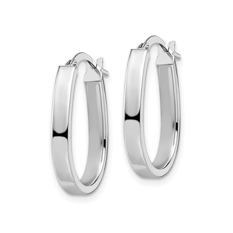 14k White Gold Oval Hoop Earrings, Flat Edge Polished Finish, Lightweight Italian Style
