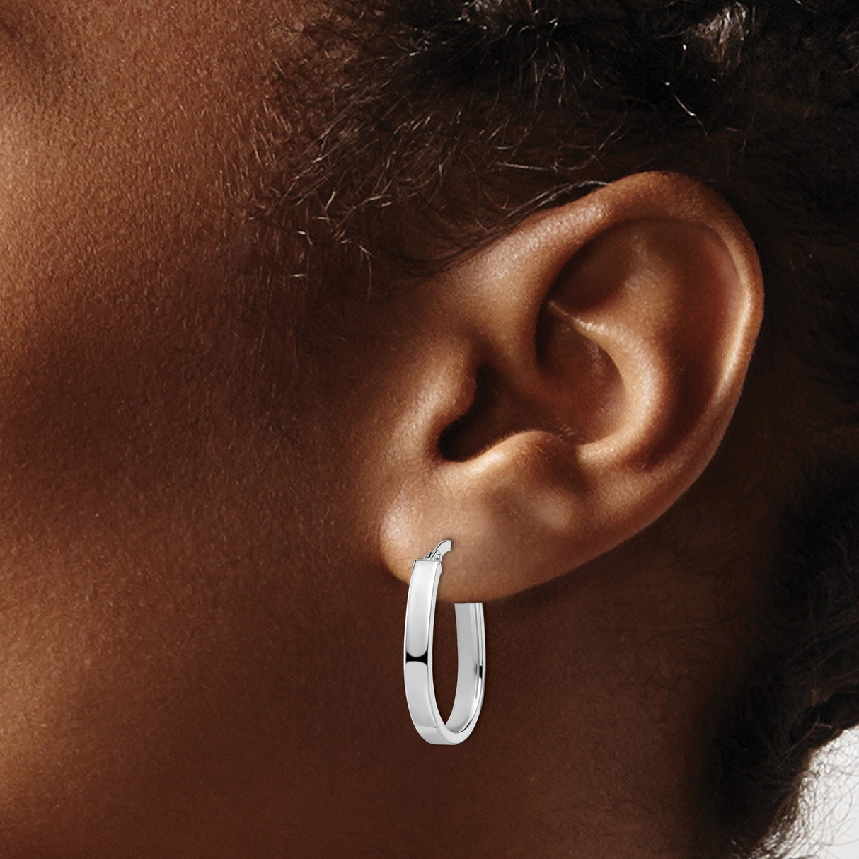 14k White Gold Oval Hoop Earrings, Flat Edge Polished Finish, Lightweight Italian Style