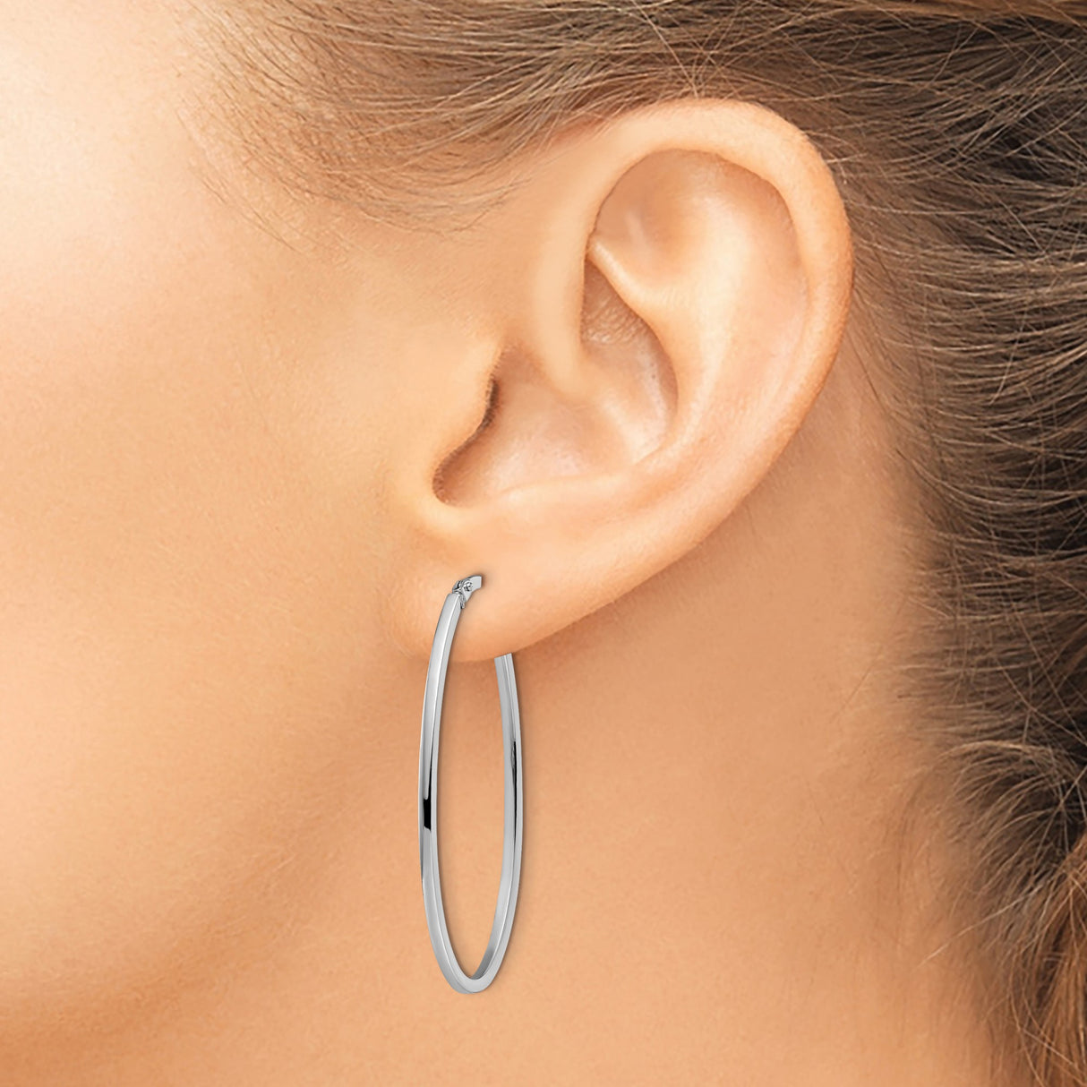 14k White Gold Oval Hoop Earrings with Latch Back, Italian Made, High Polish Finish