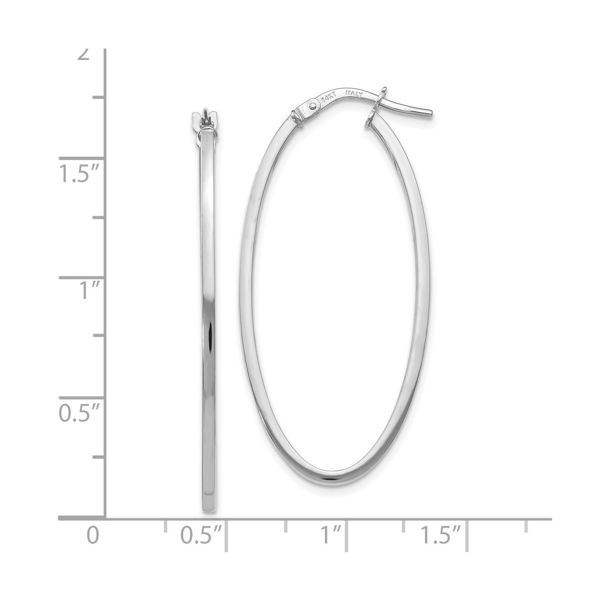14k White Gold Oval Hoop Earrings with Latch Back, Italian Made, High Polish Finish