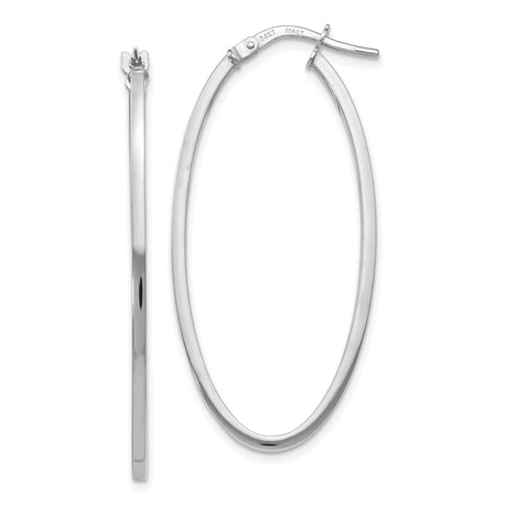 14k White Gold Oval Hoop Earrings with Latch Back, Italian Made, High Polish Finish