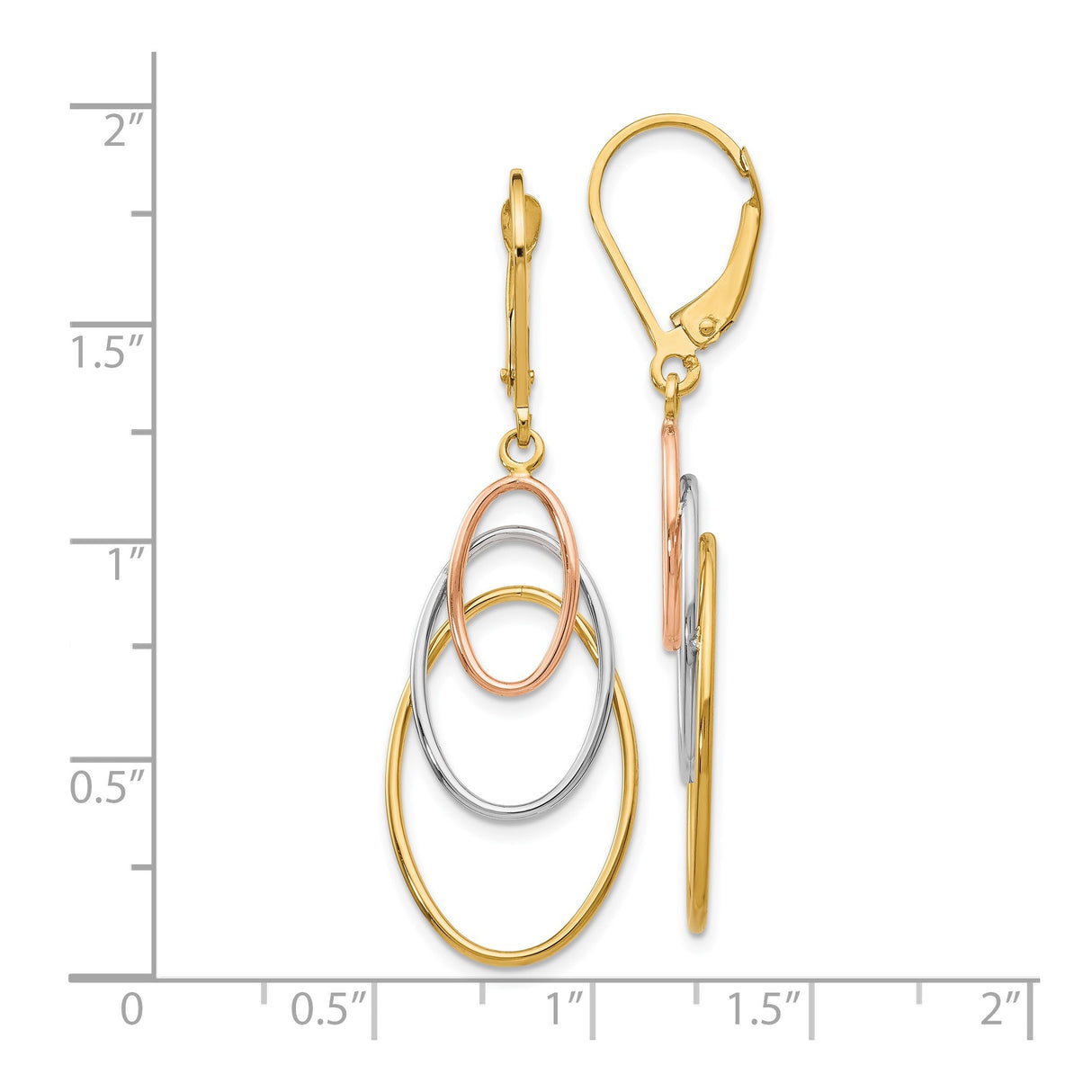 14k Tri-Color Gold Drop Earrings with Interlocking Oval Hoops for Women