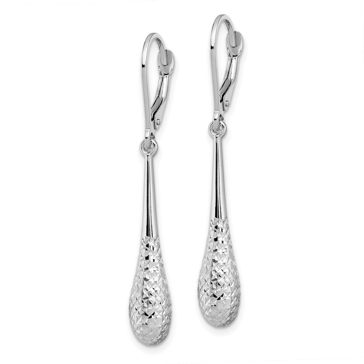 14k White Gold Drop Earrings with Textured Teardrop Design and Leverback Closure