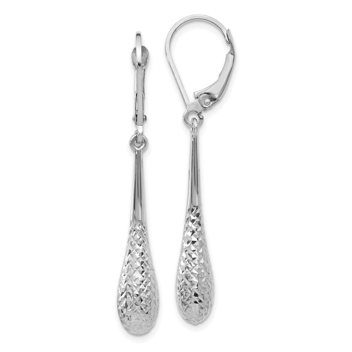 14k White Gold Drop Earrings with Textured Teardrop Design and Leverback Closure