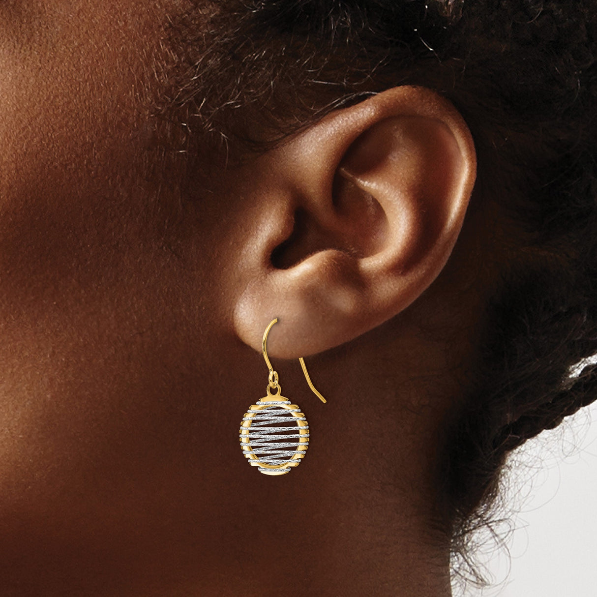 14k Two-Tone Gold Dangle Earrings with Openwork Spiral Design, Geometric Drop Style for Women