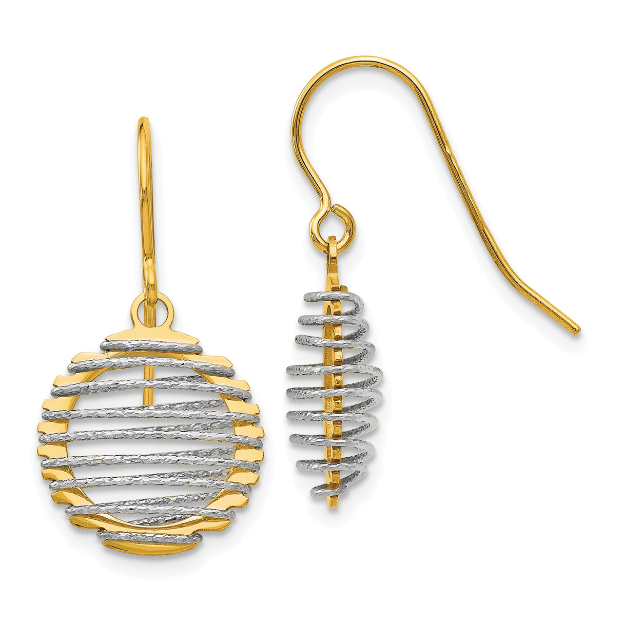14k Two-Tone Gold Dangle Earrings with Openwork Spiral Design, Geometric Drop Style for Women