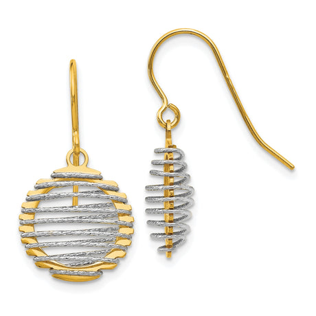 14k Two-Tone Gold Dangle Earrings with Openwork Spiral Design, Geometric Drop Style for Women