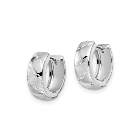 14k White Gold Hoop Earrings with Textured Diagonal Swirl Design, Lightweight Polished Style