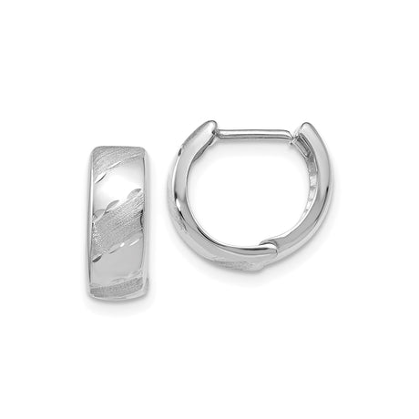 14k White Gold Hoop Earrings with Textured Diagonal Swirl Design, Lightweight Polished Style
