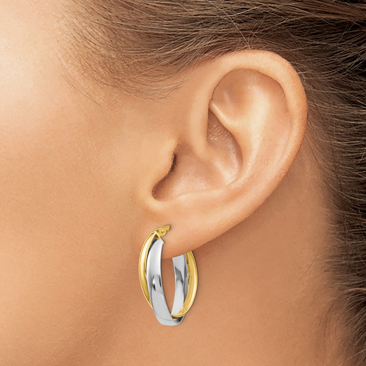 14k Two-Tone Gold Oval Hoop Earrings with Twisted Yellow and White Gold Design