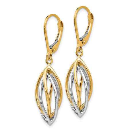 14k Yellow Gold Dangle Earrings, Two-Tone Marquise Twist Design with Leverback Closure