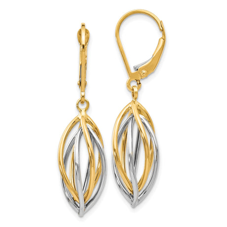 14k Yellow Gold Dangle Earrings, Two-Tone Marquise Twist Design with Leverback Closure