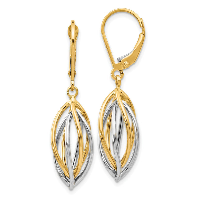 14k Yellow Gold Dangle Earrings, Two-Tone Marquise Twist Design with Leverback Closure