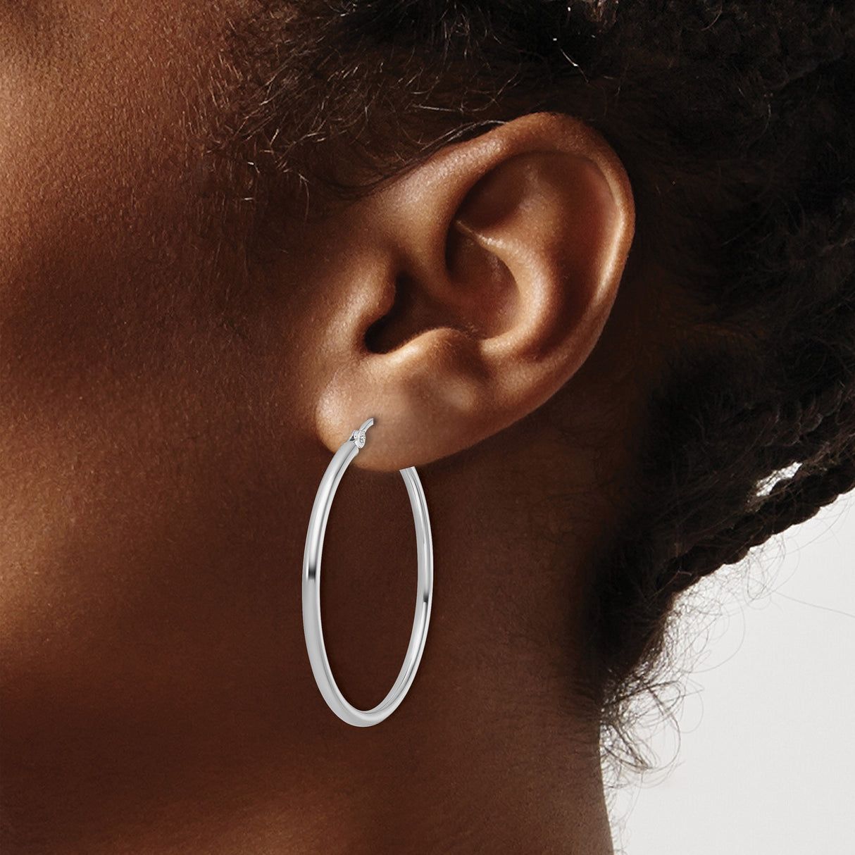 14k White Gold Hoop Earrings, Lightweight Polished Round Hoops with Latch Back Closure