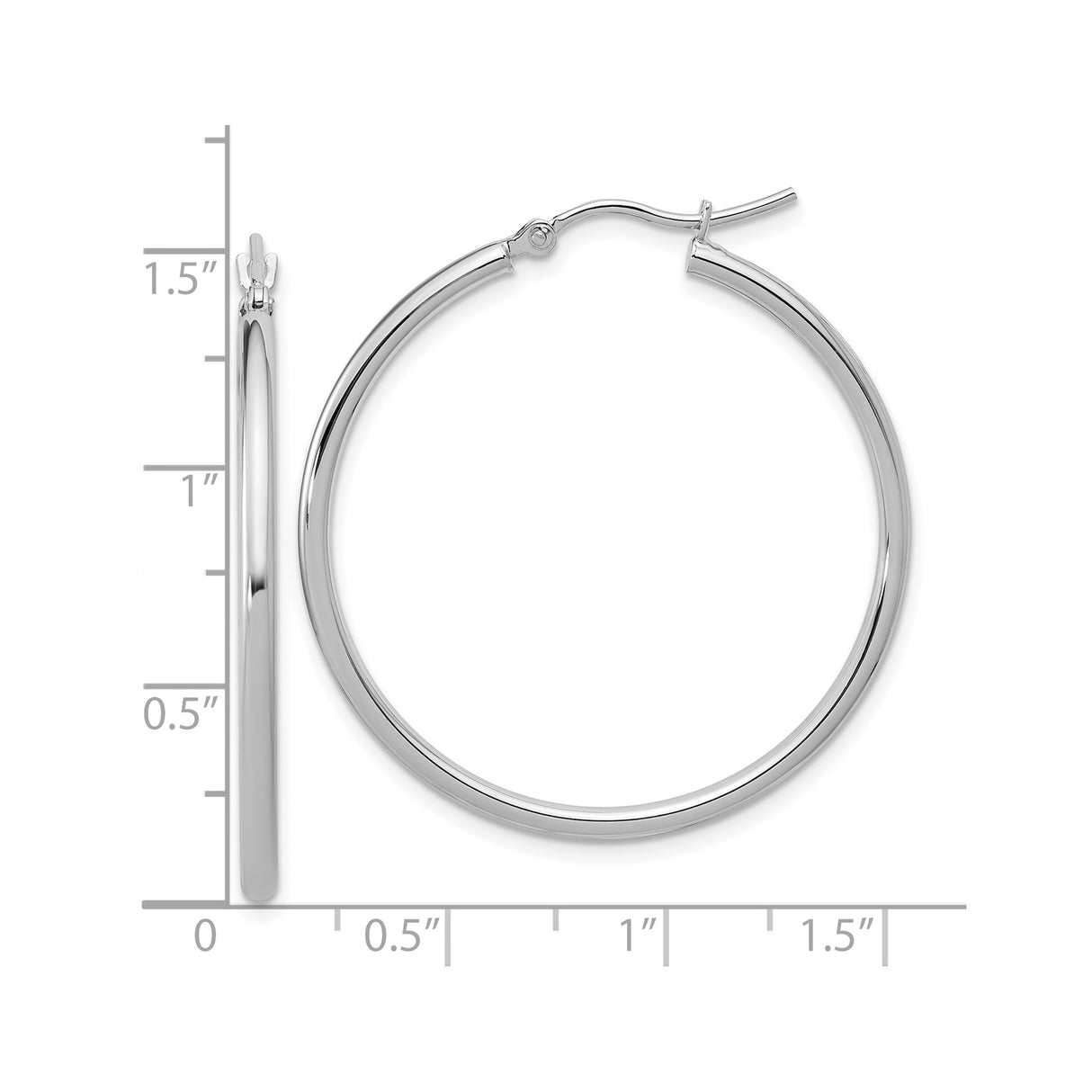 14k White Gold Hoop Earrings, Lightweight Polished Round Hoops with Latch Back Closure
