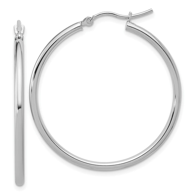14k White Gold Hoop Earrings, Lightweight Polished Round Hoops with Latch Back Closure