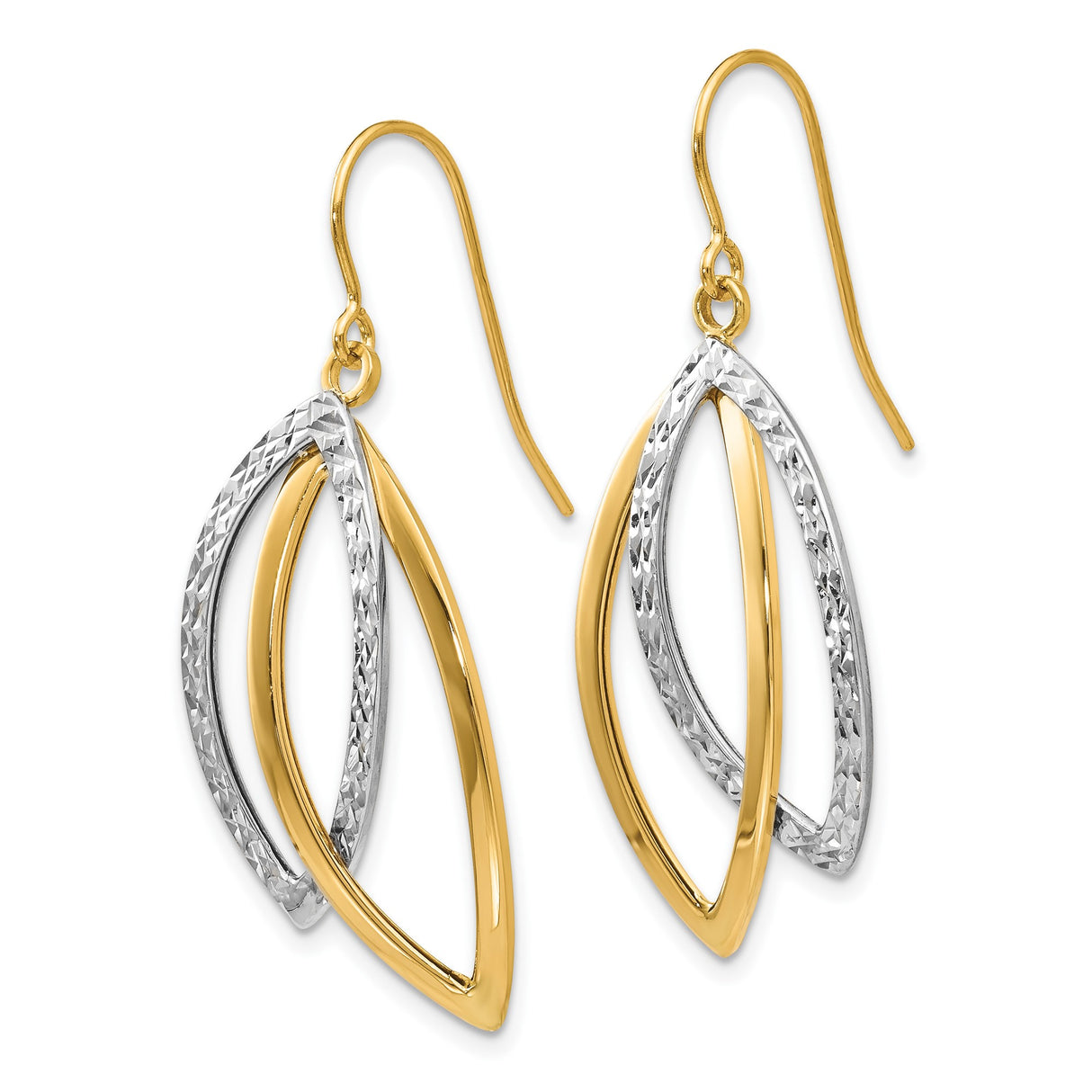 14k Two-Tone Gold Dangle Earrings with Interlocking Marquise Drops, Hook Back Design for Women