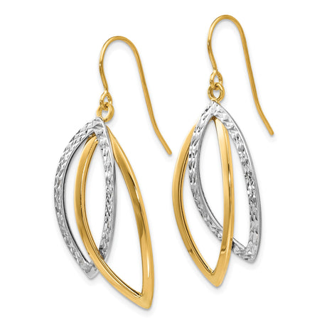 14k Two-Tone Gold Dangle Earrings with Interlocking Marquise Drops, Hook Back Design for Women