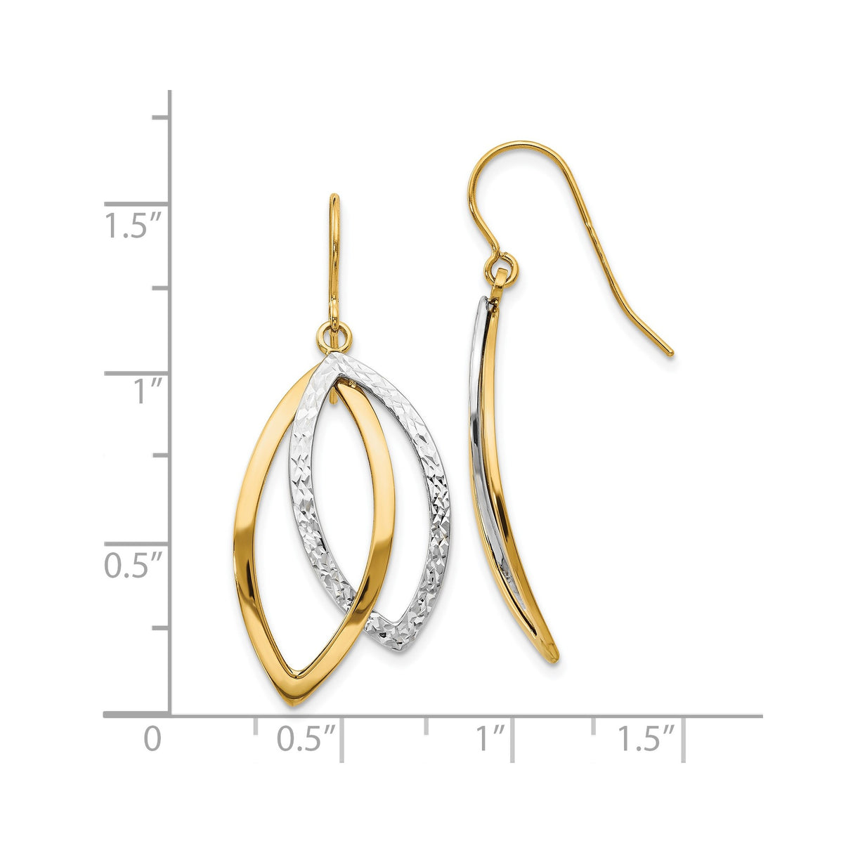 14k Two-Tone Gold Dangle Earrings with Interlocking Marquise Drops, Hook Back Design for Women