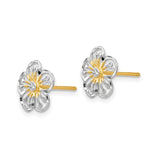 14k Yellow Gold Earrings, Flower Studs with Open Petal and Sunburst Design, Two-Tone Floral Motif