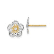 14k Yellow Gold Earrings, Flower Studs with Open Petal and Sunburst Design, Two-Tone Floral Motif